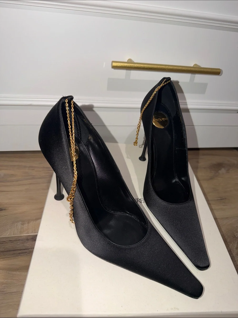 Saint Laurent Black Pointed-Toe Pumps with Gold Chain - Picture 3 of 4